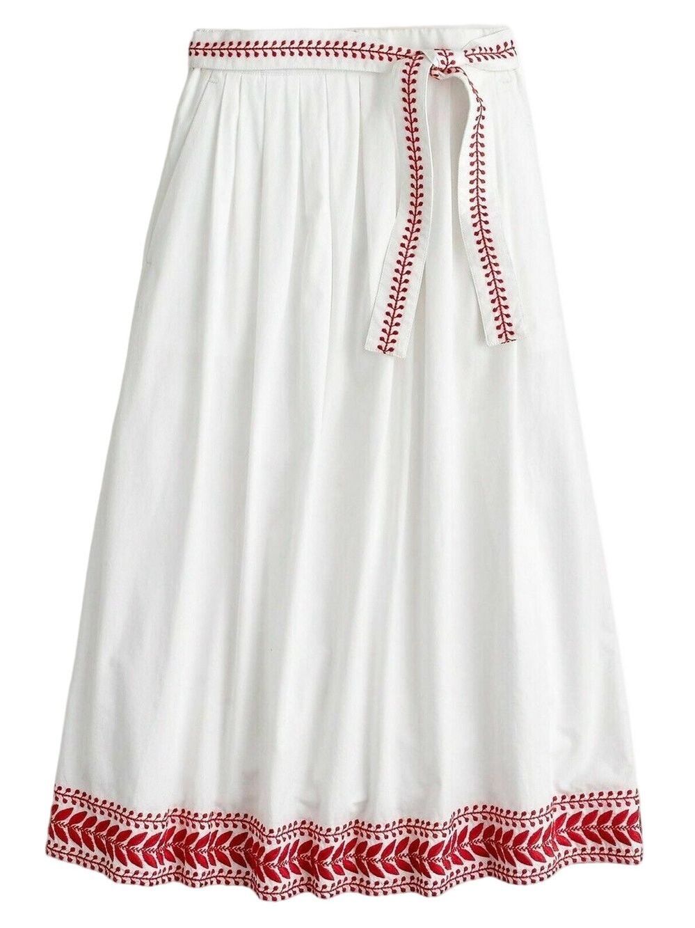 J Crew White Cotton Maxi Skirt Size L Scarlet Red Embroidery Sash Belt Lined - Picture 1 of 16